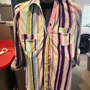 Men's Striped Button-Up Shirt in Purple, Blue & Green